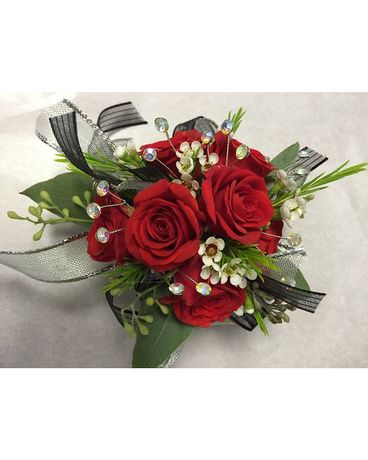 Red Rose Wrist Corsage with Jewels Flower Arrangement
