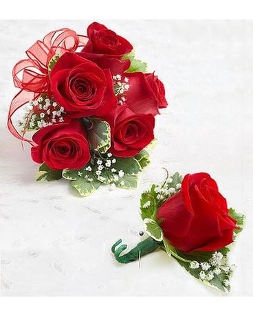 Red Rose Wrist Corsage & Boutonniere Flower Arrangement
