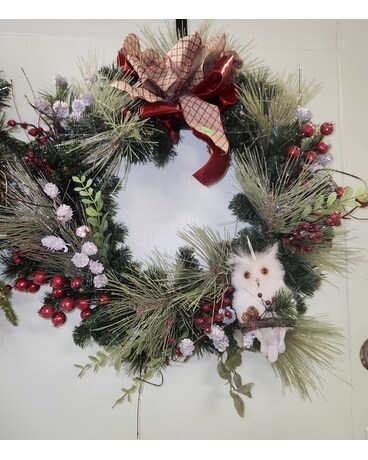 Holiday White Owl Wreath Specialty Arrangement