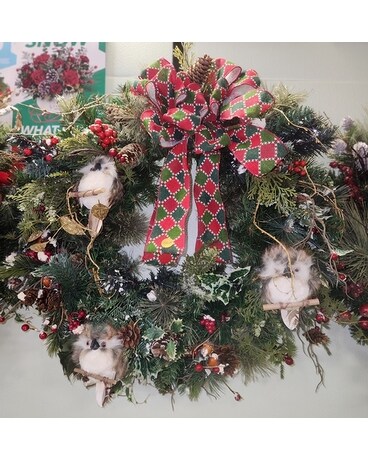Seasonal Holly Owl Wreath Specialty Arrangement