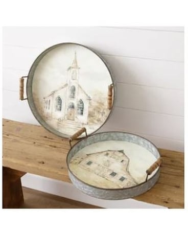 White Cottage Metal Church or Barn Tray Flower Arrangement
