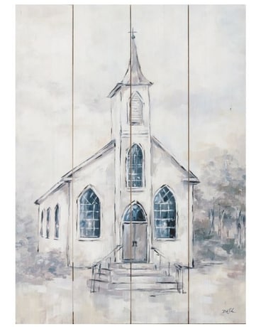 White Cottage Plank Church Print Flower Arrangement