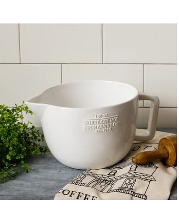 White Cottage Ceramic Batter Bowl Flower Arrangement