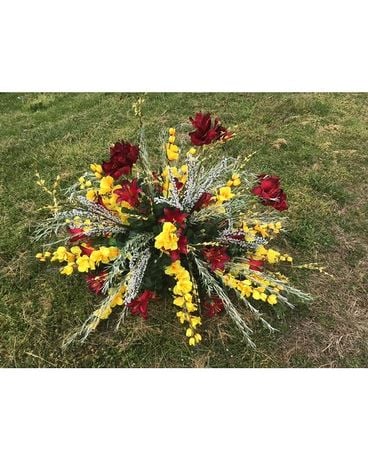 Burgandy, Yellow and mixed Greenery Flower Arrangement