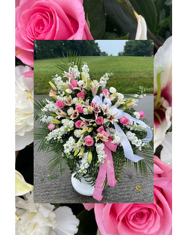 White Stock, Pink Roses Flower Arrangement