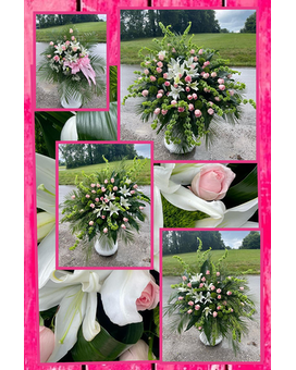 White Lilies, Pink Roses, Bells of Ireland Flower Arrangement