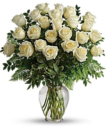 24 Long Stem White Roses Flower Arrangement