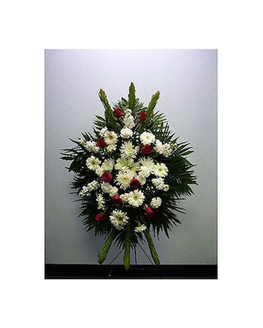 Fresh Funeral Stand in Red Rose and White Sympathy Arrangement