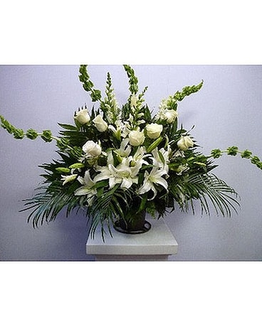 Fresh funeral Basket White Lilies and Bells Flower Arrangement