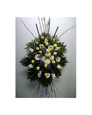 Fresh Funeral Stand in White, Yellow , Purple with Sympathy Arrangement