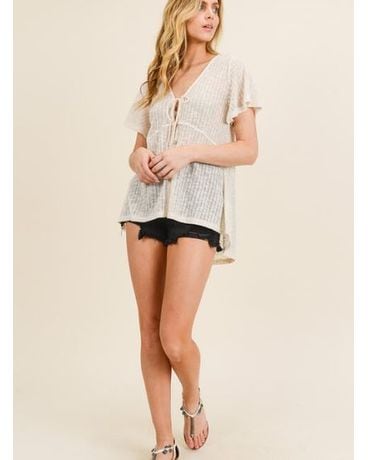 Open Knit Pointelle Top With Partial Button & Tie Flower Arrangement