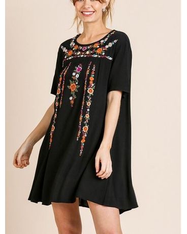 Floral Embroidered A-Line Tee Dress Flower Arrangement