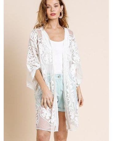 Floral Lace Open Front Kimono with Waist Tie Flower Arrangement