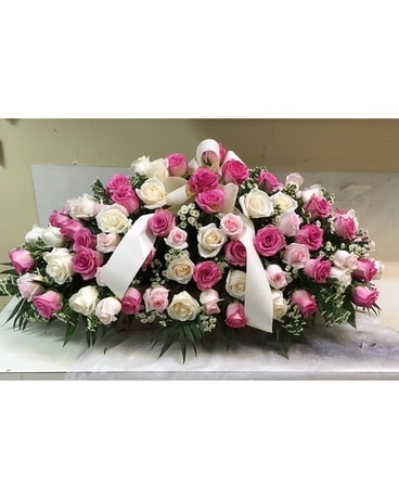 Pink and White Rose Casket Spray Flower Arrangement