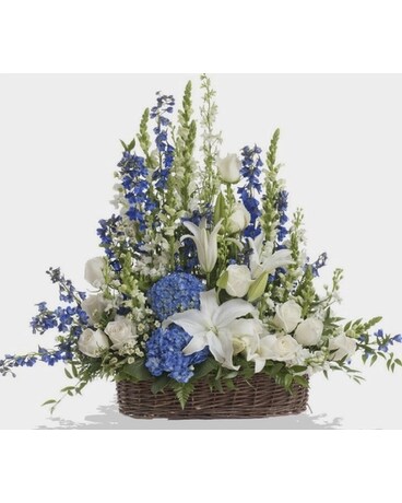 Blue And White Floral Basket Flower Arrangement