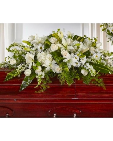 Cherished Memories White Casket Spray Flower Arrangement