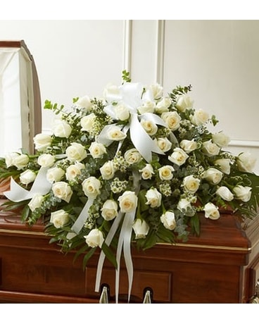 White Sympathy Rose Casket Spray Flower Arrangement
