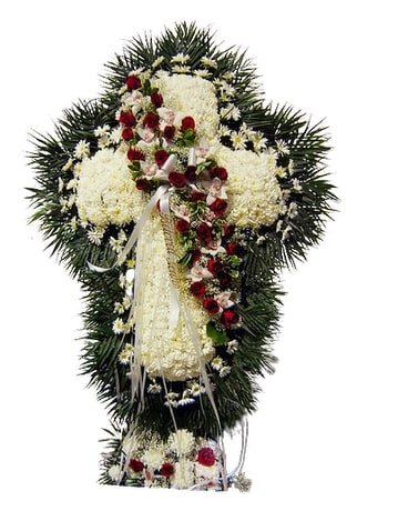 White Cross with Red Roses Design Flower Arrangement