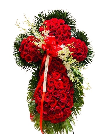 Red Rose Cross with White Orchids Flower Arrangement