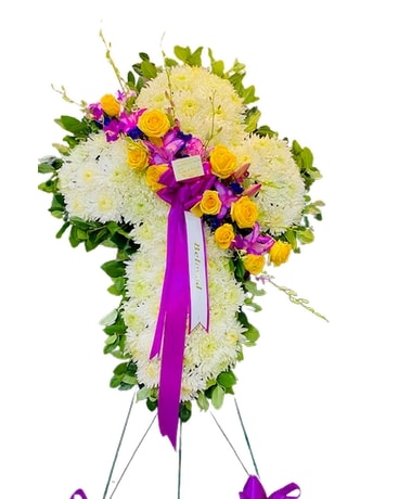 White Mums with Yellow Rose Design Flower Arrangement