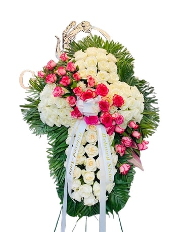 White Rose Cross with Pink Design Flower Arrangement