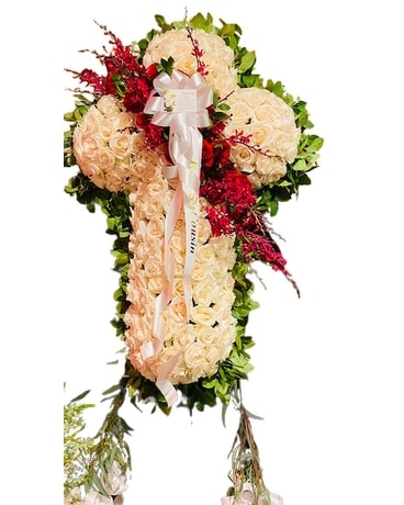 Full White Cross with Red Floral Designs Flower Arrangement
