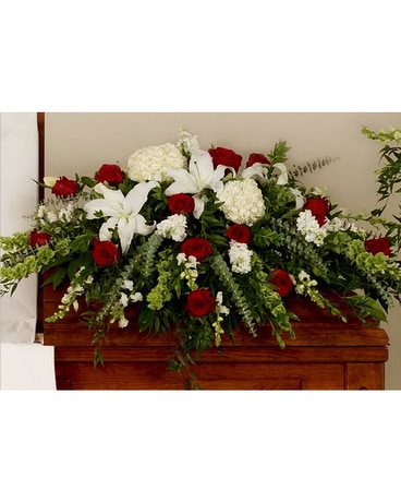 Mixed Ferns, Red & White Casket Spray Funeral Casket Spray Flowers