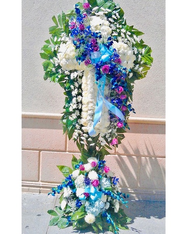 White Cross with a Touch of Blue & Purple Flower Arrangement
