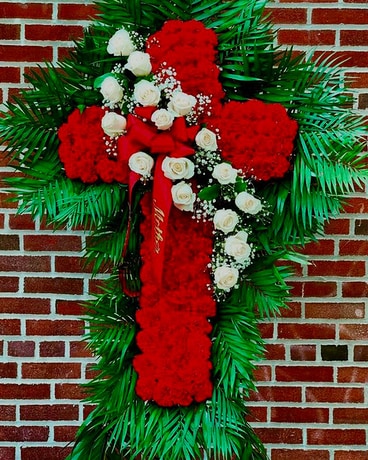 Red Carnation Cross with White Roses Flower Arrangement