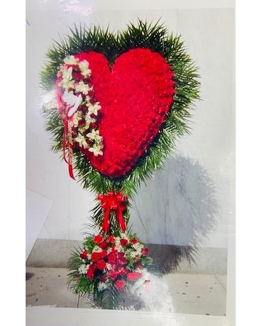 A & M Red Carnation Heart With Floral Base Flower Arrangement