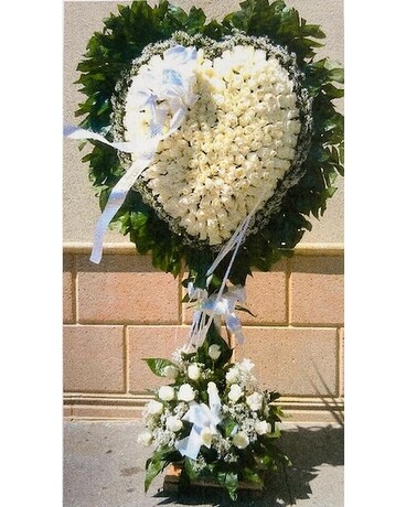 A & M White Rose Beloved Heart with Floral Base Flower Arrangement