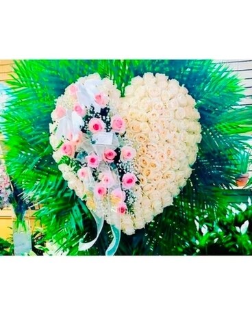 A & M White Rose Broken Heart With Pink Roses Flower Arrangement