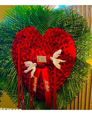 A & M Red Roses Heart Shaped With Two Doves Flower Arrangement