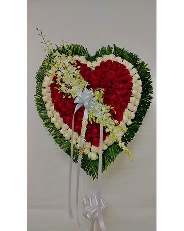 A&M Broken Red Heart With White Rose Trim Flower Arrangement