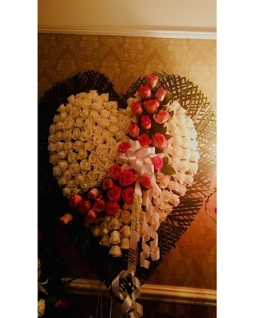 A & M White Rose & Pink Orchid Heart Flower Arrangement