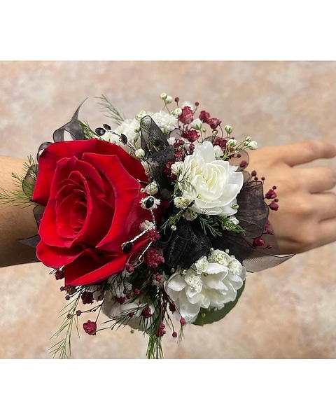 Classic White Posy with Red Corsage Classic White Posy with Red Corsage