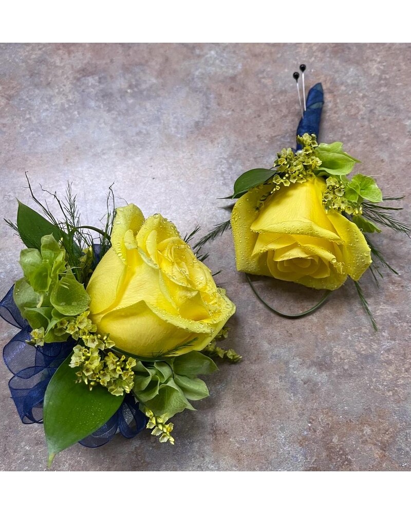 Yellow rose corsage and boutonniere set