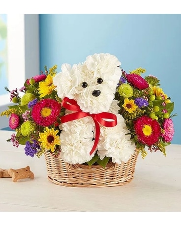 Dogable in a Basket Flower Arrangement