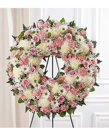 Serene Blessings™ Standing Wreath- Pink & White Flower Arrangement