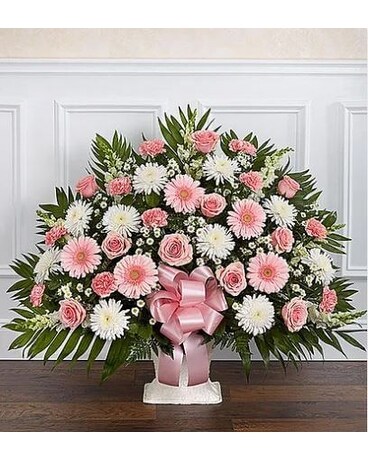Heartfelt Tribute™ Floor Basket- Pink & White Flower Arrangement