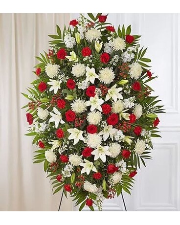 Red & White Sympathy Standing Spray Flower Arrangement