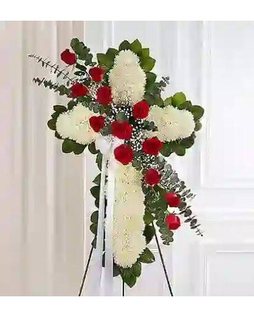 Peace & Prayers™ Red & White Standing Cross Peace Flower Arrangement