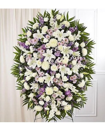 Lavender And White Funeral Standing Spray Flower Arrangement