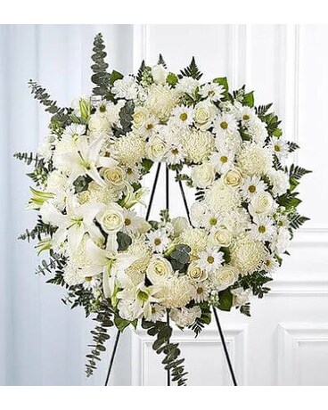 All White Funeral Wreath Flower Arrangement