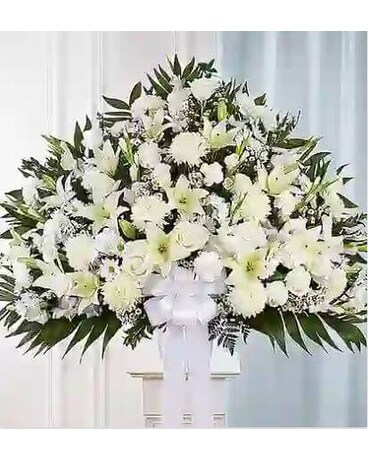 Heartfelt Sympathies White Funeral Standing Basket Flower Arrangement