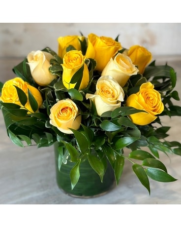Low + Lush yellow Roses Flower Arrangement