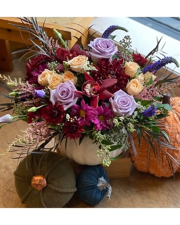 The Flower Shoppe's Plum Pumpkin Flower Arrangement