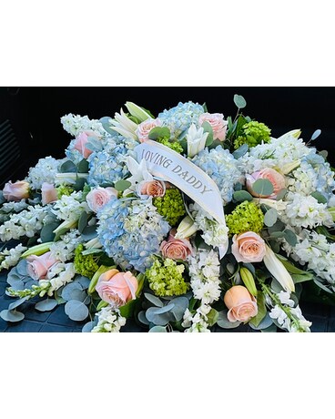 Custom Nantucket Casket Spray with Banner Flower Arrangement