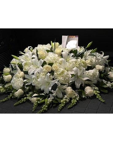All White Sympathy Casket Spray Flower Arrangement
