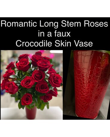 Romantic Roses in a faux Crocodile Skin Vase Flower Arrangement